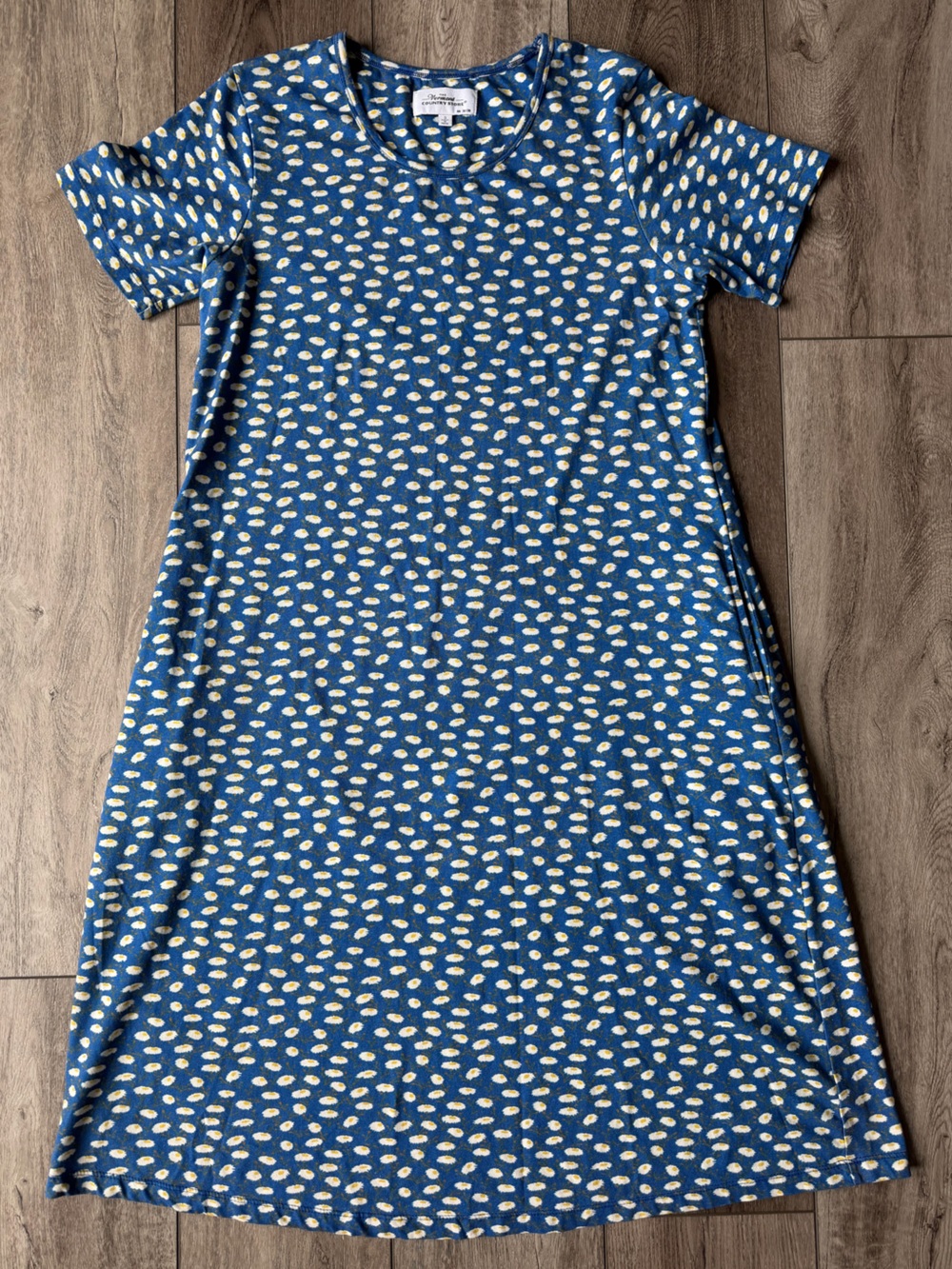 The Vermont Country Store Blue Floral Dress with White & Yellow Daisies-(S)